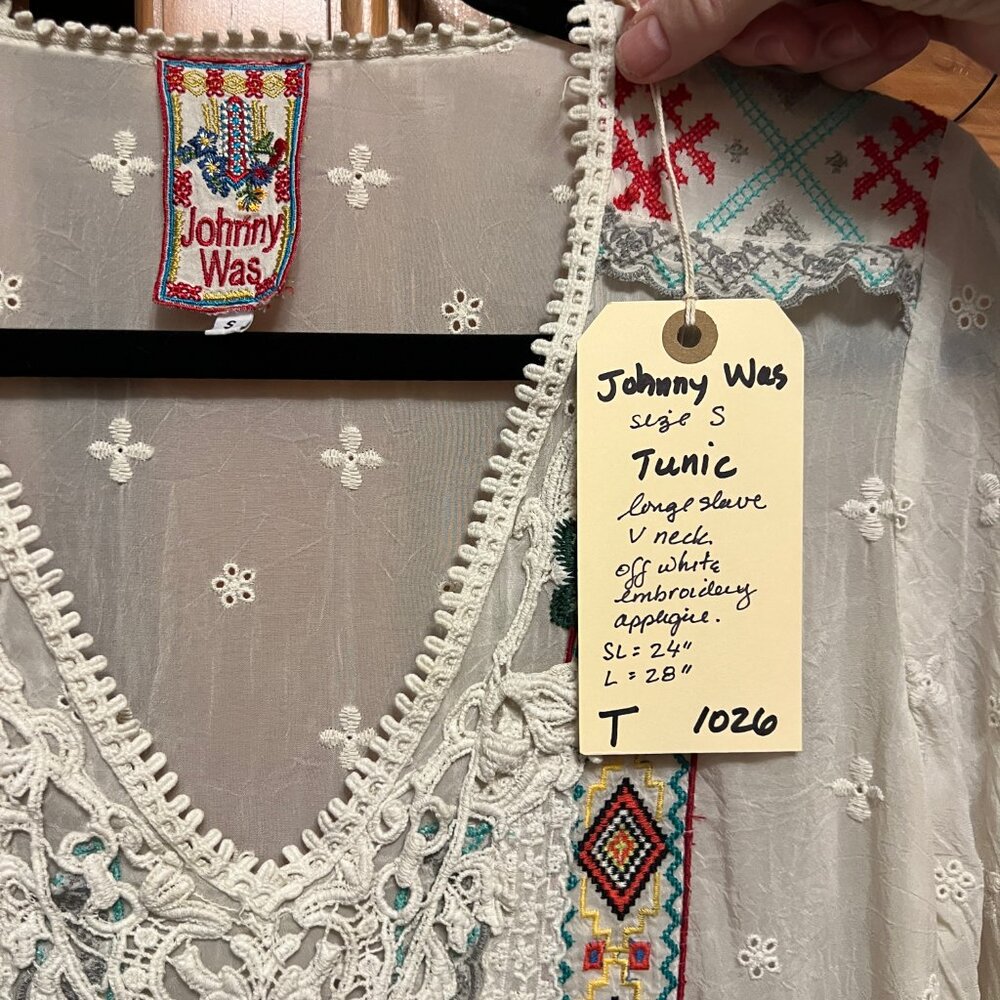 Johnny Was Embroidered Boho Applique Tunic Off White Sheer V-Neck Size S Small - Picture 5 of 5